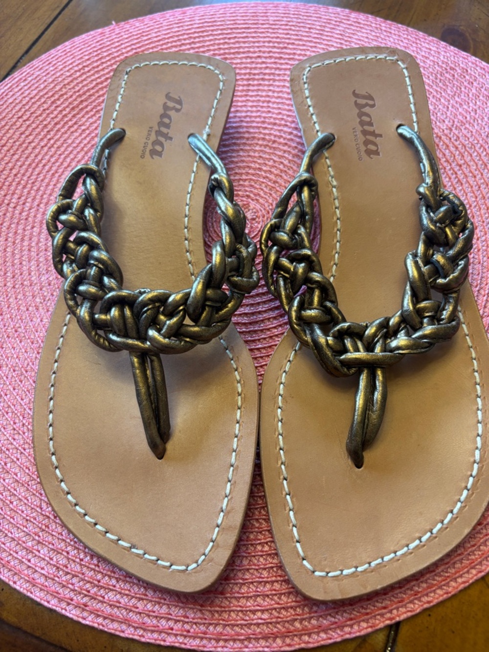 Bata Braided Metallic Bronze Leather Thong Sandals